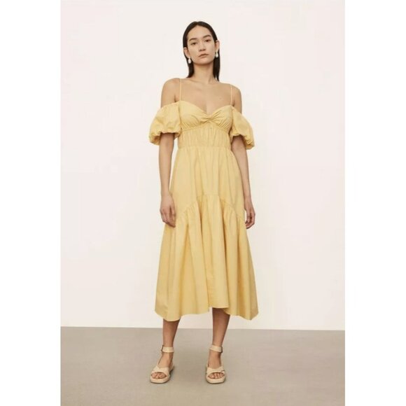Vince Draped Puff Sleeve Tiered Dress Warm Sand ( 8 ) - Picture 1 of 6